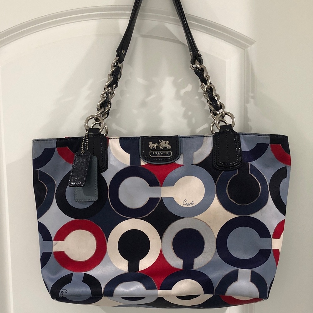 Coach Madison Graphic Op Art Chain Metallic Sateen Tote Red White &Blue EUC